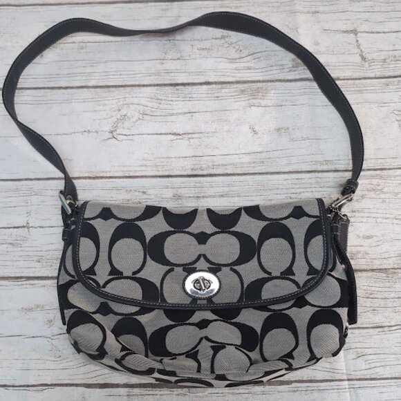 Vintage Coach Purse Canvas and Leather Black and Cream - Picture 1 of 9